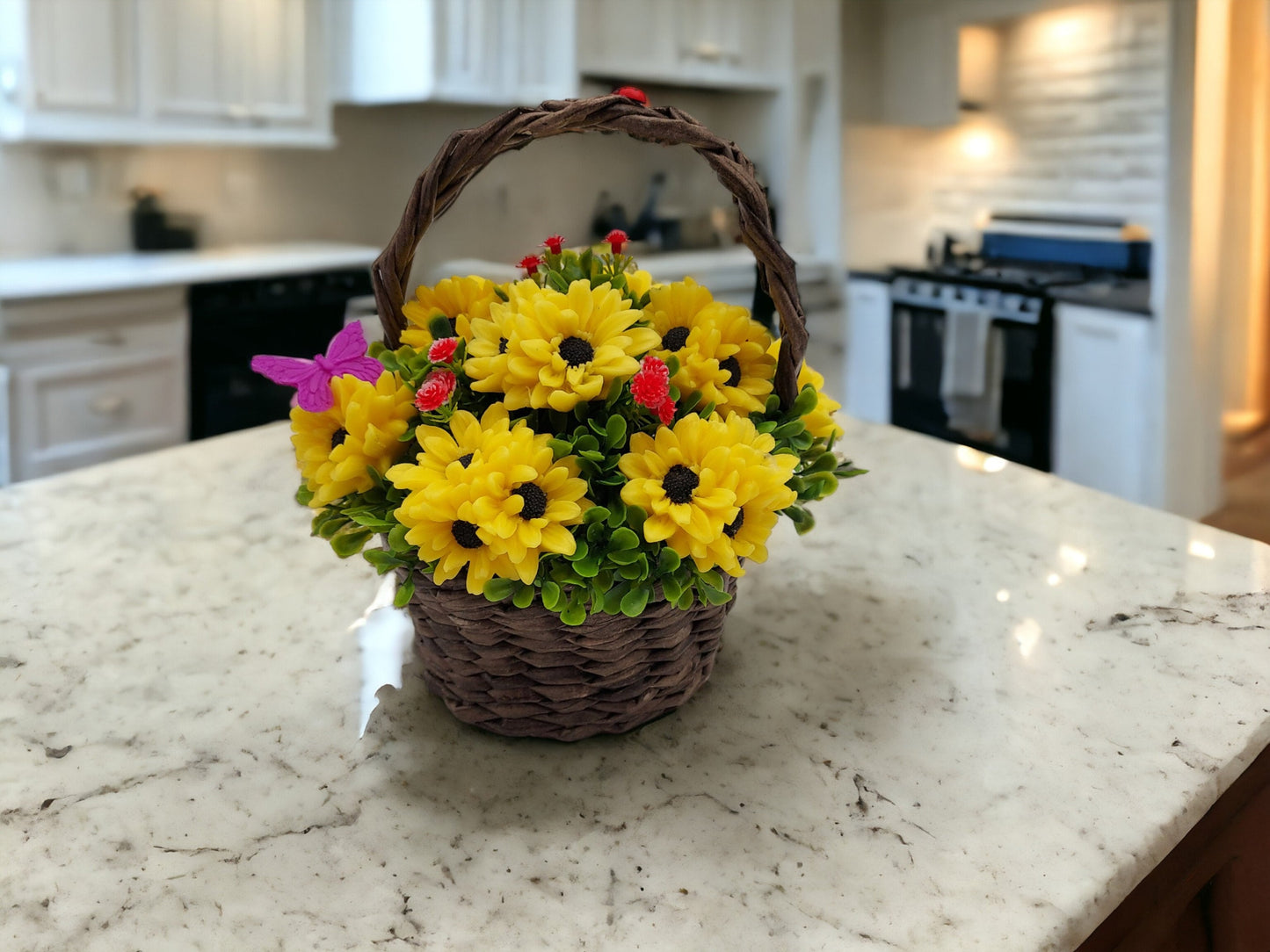 Sunflowers Soap in Wicker Basket and Lazy Cat Figure